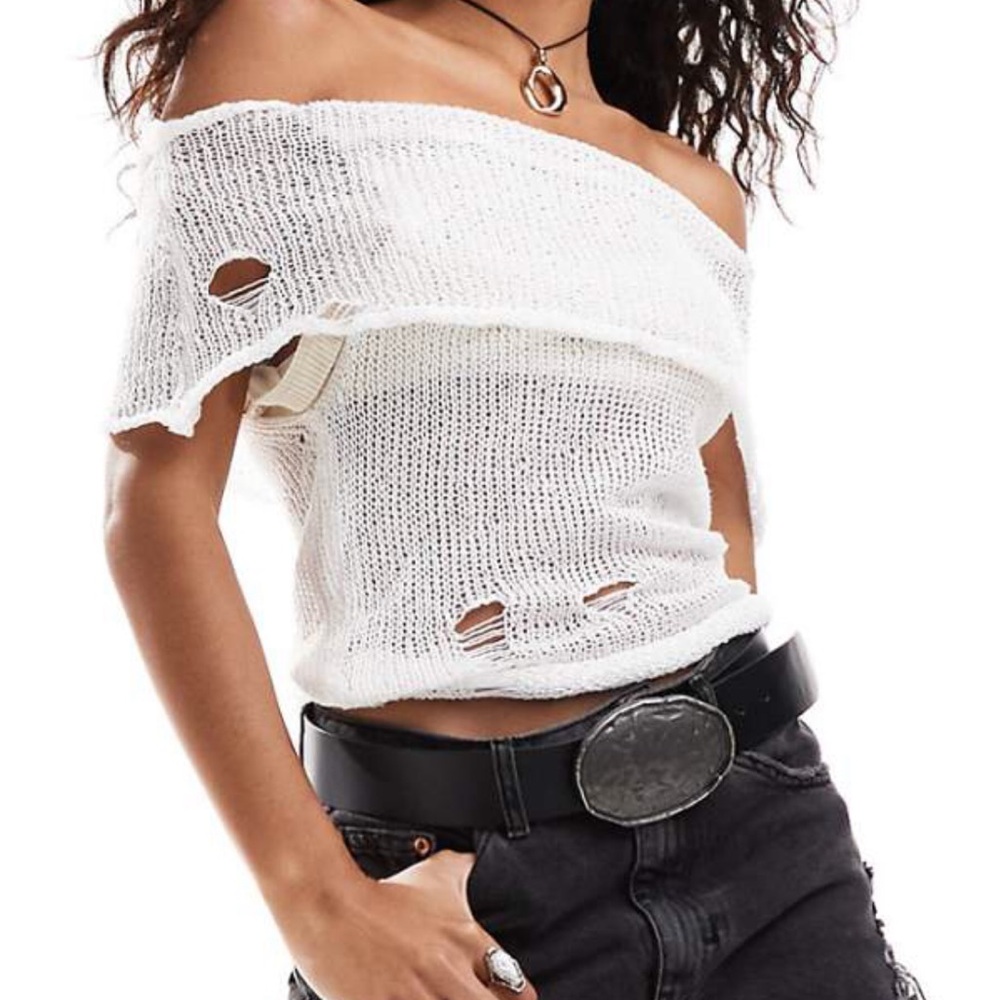 Off-Shoulder Distressed Knit Top in Ecru
